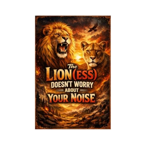 The Lion(ess) Doesn’t Worry About Your Noise Tin Sign Fierce Lion Wall Art Motivational Quote Metal Plaque Rustic Wildlife Decorative Sign for Home Office Garage Wall 8x12 Inch - Image 1