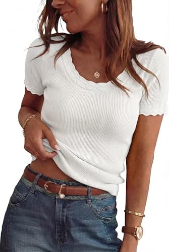 Arach&Cloz Women's 2026 100% Cotton Spring Summer Tops Scoop Neck Short Sleeve Sweater Shirts Pullover Lightweight Soft Cozy Slim Fit Stretchy Business Casual Outfits Work Clothes Trendy White L - Image 1