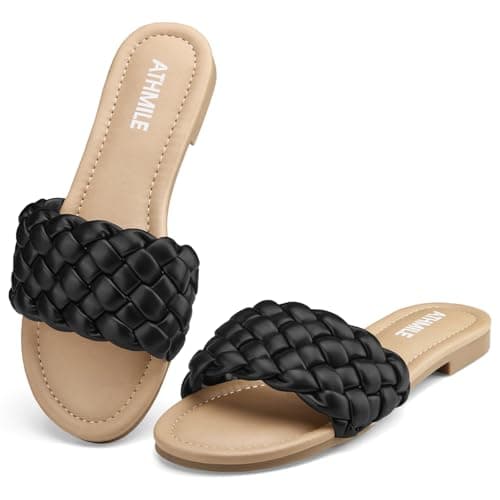 ATHMILE Braided Womens Sandals Round Open Toe Fashion Slide Sandals Women Dressy Summer Flat Beach Black Size 10 - Image 1
