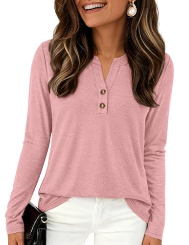 PRETTYGARDEN Long Sleeve Shirts for Women 2026 Spring Fashion Clothing Henley Tops Trendy Dressy Casual Blouses Work Outfits (Coral Pink,XX-Large) - Image 1