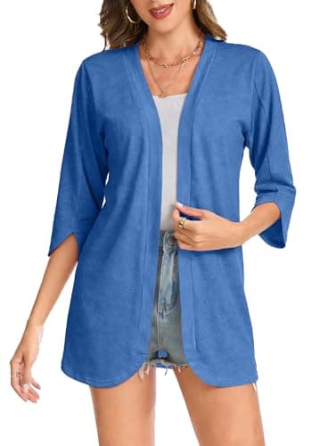 Bosmeer Travel Outfits for Women Lightweight Cardigan 3/4 Petal Sleeve Summer Sweater for Outdoor Events Womens Fashion Blue L - Image 1