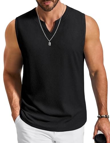 COOFANDY Men's V Neck Sleeveless Shirts Knitted Jacquard Tank Top Textured Summer Casual Muscle Fit Top, Black, Small - Image 1