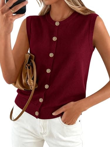 BTFBM Sweater Vest Women Casual Crewneck Loose Button Down Knit Sleeveless Cardigan 2026 Spring Clothes Summer Vest Tops(Burgundy, Small) - Image 1