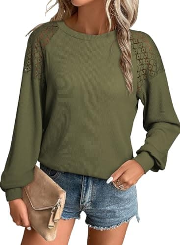 EVALESS Spring Tops for Women 2025 Crewneck Waffle Knit Long Sleeve T Shirts Dressy Casual Lace Patchwork Basic Tshirts Ladies Cute Tops Fall Winter Loose Basic Blouses Tops Jungle Green Small - Image 1