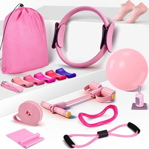 Pilates Essentials Kit for Women 15 Pcs Pilates Equipment for Home Workouts with Yoga Circle Ball Ring, 5 Resistance Bands,Pedal Puller Resistance Band,Anti Slip Socks for Starter Set,Pink - Image 1