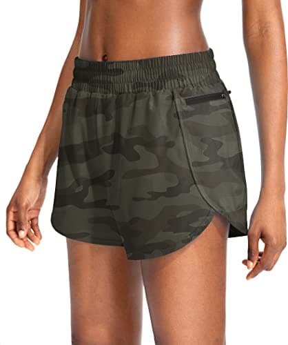 Soothfeel Womens Running Shorts with Zipper Pockets High Waisted Athletic Gym Workout Shorts for Women with Liner (Green Camo, XX-Large) - Image 1