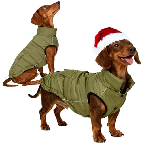 Dog Winter Puffer Jacket Waterproof, Reflective Furry Fleece Lined Dog Coats for Small Medium Dogs, Warm Snow Coat, Insulated Cold Weather Dogs Vest Jackets with Leash Hole, Olive - Image 1