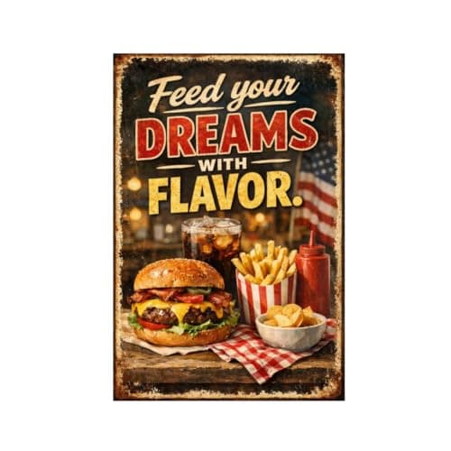 Feed Your Dreams With Flavor Vintage Tin Sign Retro Fast Food Wall Decor Metal Plaque Burger Fries Diner Kitchen Cafe Restaurant Art 8x12 Inch Pre Drilled Holes - Image 1