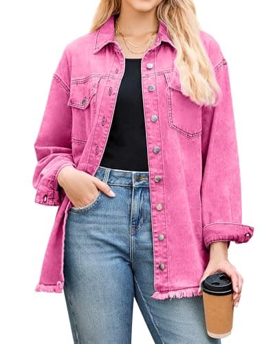 LookbookStore Women's Spring Jackets Denim Shirt Jacket Women Pink Denim Jacket Women Womens Country Concert Outfits Magenta Pink Size Large Size 12 14 - Image 1