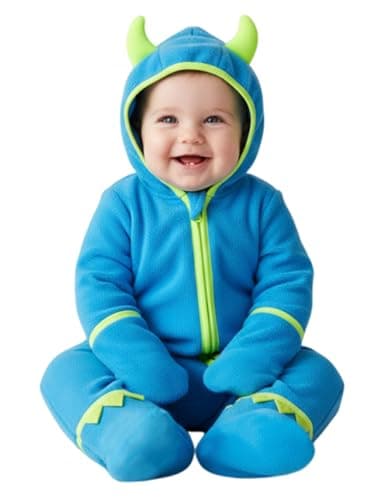 PATPAT Fleece Baby Hooded Footed Romper Clothes, Cozy Soft Warm Footie Covers Mittens, Car Seat Friendly, Easy Zip, Cute Boy Girl, Newborn Infant Bodysuit Bunting Blue Monster 12-18 Months - Image 1