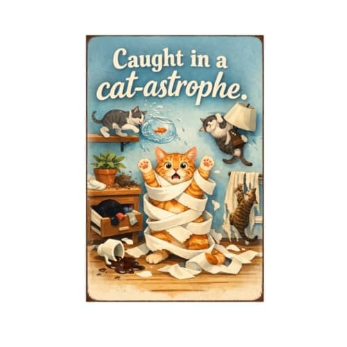 Caught in a Cat-astrophe Vintage Tin Sign Funny Cat Metal Wall Decor Cartoon Pet Humor Retro Style Home Kitchen Bathroom 8x12 Inch Pre Drilled Holes - Image 1