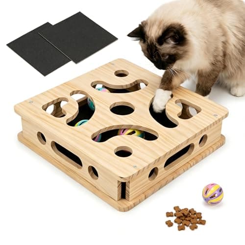 EIODEAR Cat Nail File Scratcher with 3 Sandpaper Pads, 4 Bell Balls, 8 Screw, Solid Wood Cat Scratch Puzzle Enrichment Box Nail Filer Box Toy to File Nails, Cat Treat Box for Treat-Motivated Cats