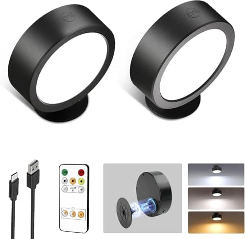 EZVALO LED Wall Mounted Light, 3000mAh Rechargeable Cordless Wall Sconce, Dimmable with Remote & Touch Control, 3 Color Temps, 360° Rotatable for Bedroom, Bedside, Reading (Black, 2 Pack) - Image 1