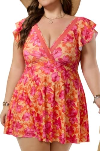 COCOPEAR Plus Size Swimsuit for Women Mesh Swim Dress Ruffle Swim Suits Tummy Control V Neck Bathing Suit Skirt - Image 1