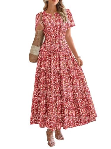 BTFBM Womens Summer Floral Maxi Dresses V Neck Short Sleeve Boho Casual Flowy Long Wedding Guest Dress Beach Vacation(Floral Orange Red, Small) - Image 1