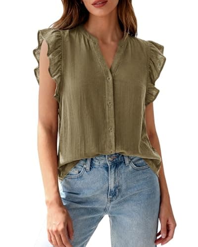 Zenlonr Womens Short Ruffle Sleeve Shirts V Neck Button Down Shirt Solid Color Going Out Spring Tops(Army Green,Large) - Image 1