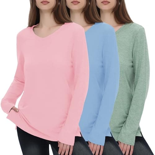 GAYHAY V Neck Long Sleeve T Shirt Women 3 Pack Basic Tee Winter Thick Casual Soft Loose Fit Layering Tops Fall Thin Outfits 2025 Multipack Blue Pink Green - Image 1