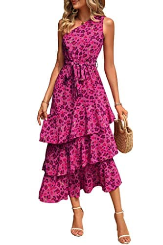 PRETTYGARDEN Women's Summer Floral Sundress Casual One Shoulder Tiered Ruffle Flowy Midi Beach Boho Dresses (Floral Rose Red,Large) - Image 1