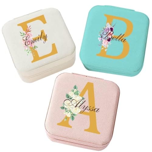 Corissy Personalized Jewelry Box for Women, Custom Travel Jewelry Case with Name and Birth Flower, Leather Jewelry Box for Rings, Earrings, Necklaces, Personalized Gifts for Women