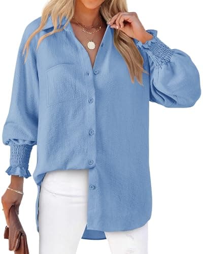 Bellcoco Women's Button Down Shirts Puff Sleeve Oversized Blouses Boyfriends Loose Tunics Casual Work Tops with Pocket(Airy Blue Shirt XXL - Image 1