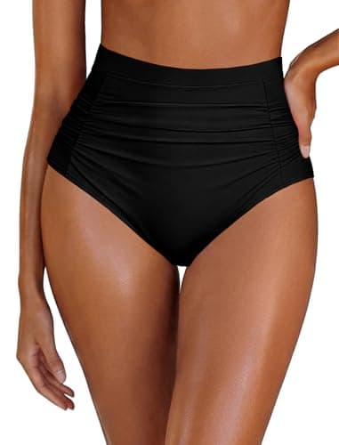 Black High Waisted Bikini Bottoms Full Coverage Bikini Shorts Plus Size Tummy Control Swim Bottoms Ruched Vintage Bottoms 22W - Image 1