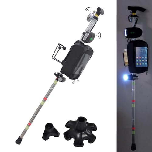 CAJJYRUWE Multiple Crutch for Adult Seniors Walk Travel Ergonomic Stick Aluminum Portable Cane Adjustable Height include Night light Storage Bag Cup Holder Bell Spare large medium Anti-Slip Rubber Tip