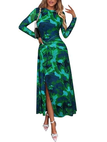 ECOWISH Long Sleeve Midi Formal Dress Women Fall Ruched Bodycon Party Cocktail Club Mesh Dresses Crewneck Floral Tie Dye Slit Green Floral X-Large - Image 1