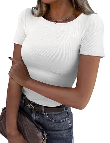 GKBK Womens Short Sleeve Tops Crew Neck Ribbed Fitted Tight Shirts Layering Top Basic Tee Tshirts Cute Summer Tops Casual Spring Clothes Outfits 2026 Trendy White - Image 1