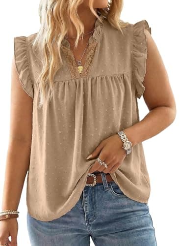 AlvaQ Plus Size Tops for Curvy Women Swiss Dot V Neck Flowy Boho Tank Top Blouses Work Office Tunic Summer Outfits Apricot 1X-Large - Image 1