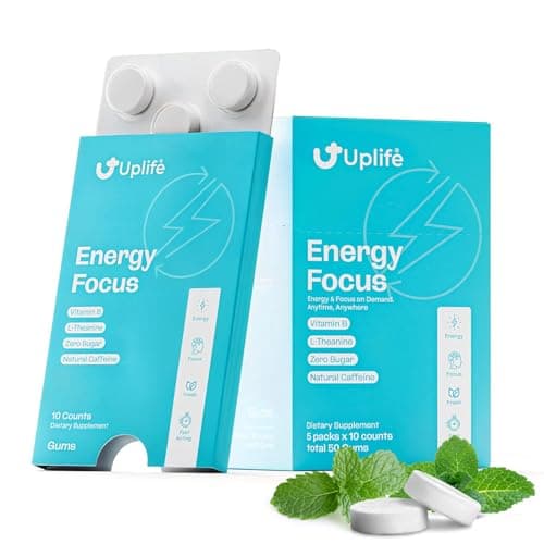 UPLIFE Focus and Energy Gum 50 Pcs – Made in USA - 40mg Natural Caffeine + 80mg L-Theanine + Niacin Vitamin B3 & B12 – Sugar-Free, Vegan – Natural Caffeine Gum Coffee Alternative - Peppermint Flavor - Image 1