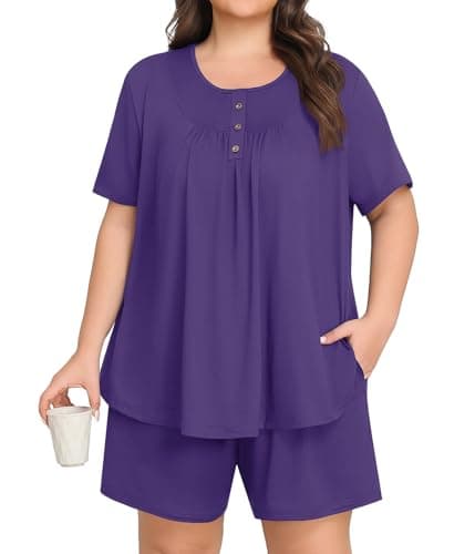 Lastshe Plus Size Pajama Set for Women Summer Short Sleeve Shorts Henley Neck Pjs 2 Piece Lounge Set with Pockets Sleepwear,Purple-3X - Image 1