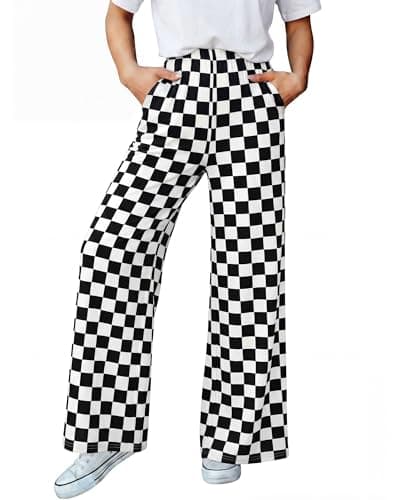 BTFBM Womens Checkered Palazzo Pants Wide Leg High Waisted Pockets Gingham Casual Lounge Pajama Trousers Summer Outfits(Plaid Black White,Large) - Image 1