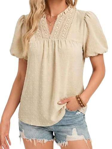 Funlingo Womens Tops Puff Sleeve V Neck Dressy Casual Blouses Summer Flowy Swiss Dot Boho Babydoll Short Sleeve Shirts Trendy Clothes 2026 Beige 2XL - Image 1