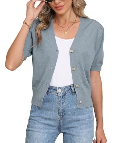COSSEN Cardigan Sweaters for Women Dressy Sky Blue Small V Neck Bolero Crop Coat Crochet Button Down Short Sleeve Short Tops Trendy Open Front Lightweight Jacket Summer Knit Cropped Shrug for Dress - Image 1