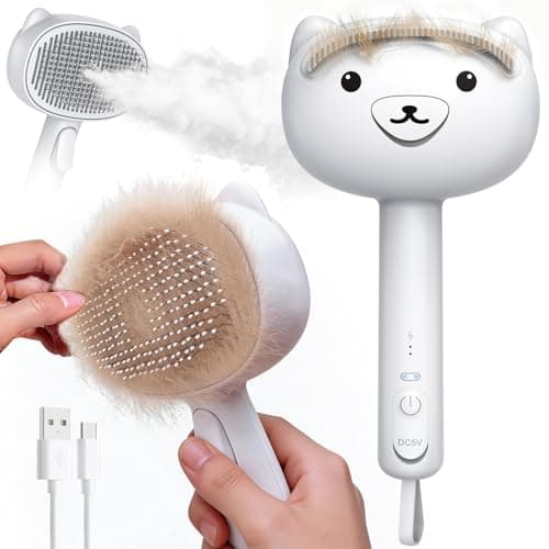 Self Cleaning Shedding Steam Cat Brush, Silicone Scraper Included Dog Brush, Adorable Bear Design, primecat, Cat Brushes for Shedding, USB Rechargeable, for Grooming & Haired Pets, Dogs & Cats, White - Image 1