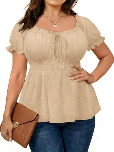 Beautife Womens Plus Size Tops Square Neck Puff Short Sleeve Blouse Ruffle Babydoll Peplum Smocked Cute T Shirts Apricot - Image 1