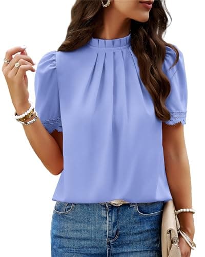 BTFBM Women Blouses 2026 Dressy Casual Summer Tops Mock Neck Lace Trim Short Sleeve Business Work Shirts Spring Clothes(Blue, X-Large) - Image 1