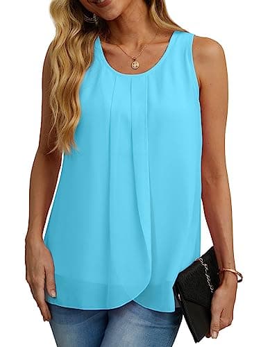 IWOLLENCE Womens Summer Tank Tops Sleeveless Chiffon Double Layers Blouse Loose Round Neck Casual Shirts Light Blue Medium - Image 1