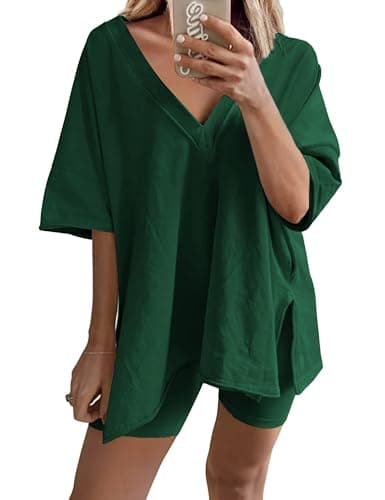 LTSCNRM 2 Piece Outfits for Women Reversible Oversized T Shirt Biker Shorts Sets Workout Tracksuit(Armygreen-M) - Image 1
