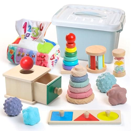 Teekdeer Montessori Toys for Babies 6-12 Months,8 in 1 Developmental Learning Toys Set Wooden Sensory Toys for Baby Toys 12-18 Months (Includes Tissue Box Toy,Stacking Cups and More)