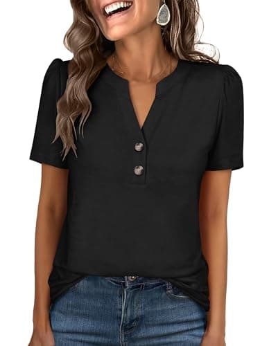 ANRABESS Womens Tops Business Casual 2026 Spring Short Sleeve Henley V Neck Shirts Dressy Work Blouse Summer Trendy Clothing Black Large - Image 1