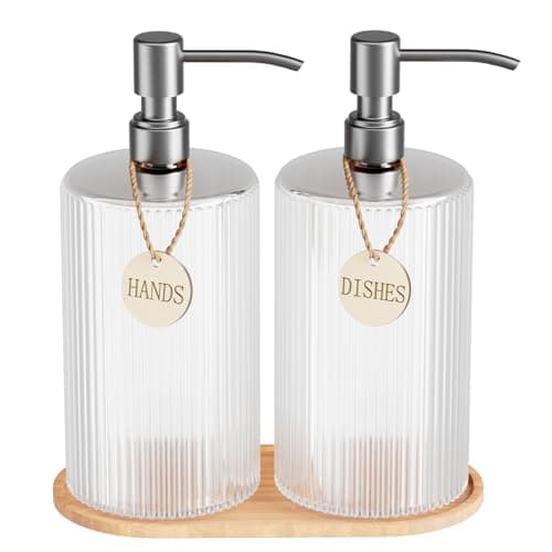 18Oz Soap Dispenser Set with Silver Stainless Steel Pump & Wood Tray - Vertical Stripe Design Refillable for Dish Soap & Hand Soap, Fits Kitchen & Bathroom Countertops - Image 1