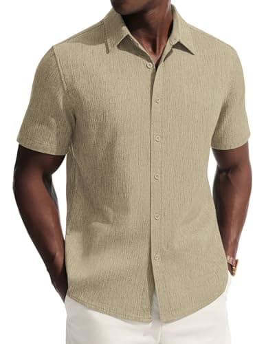 PJ PAUL JONES Mens Short Sleeve Button Down Shirt Casual Summer Shirts Textured Beach Vacation Shirts for Men Apricot - Image 1