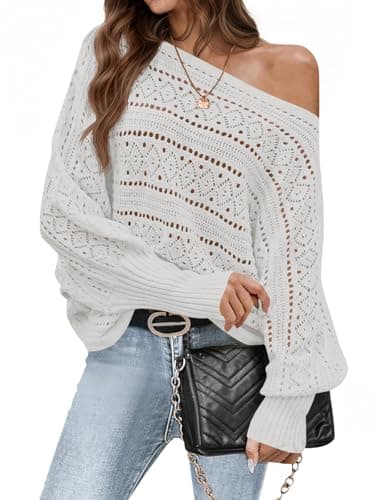 Saodimallsu Womens Off The Shoulder Sweaters Fall 2025 Oversized Knit Batwing Long Sleeve Crochet Pullover Sweater Tops White - Image 1