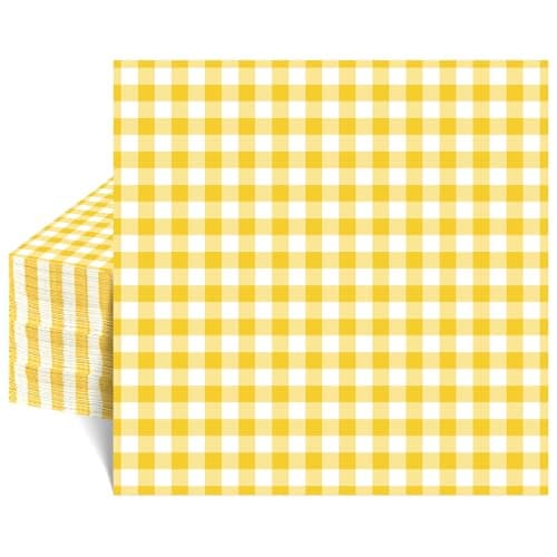 NatNarr 80 Pcs Gingham Napkins, 6.5X6.5 Inch Easter Paper Napkins Disposable Yellow and White Plaid Napkin for Spring, Masters Party, Picnic
