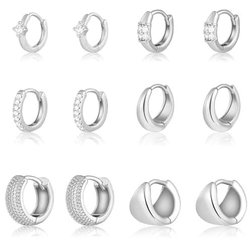Wgoud Small Gold Hoop Earrings Set for Women, 6 Pairs 14K Gold Plated Hypoallergenic Lightweight Huggie Hoops Earrings, Trendy Cartilage Cubic Zirconia Earrings for Women Gifts. (F-Silver hoops) - Image 1