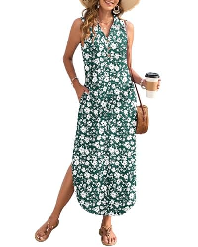 MOLERANI Long Sundress for Women Sleeveless Floral Maxi Dress Casual Beach Summer Dresses Split 2026 Vacation Dress with Button, Green Daisy, XL - Image 1