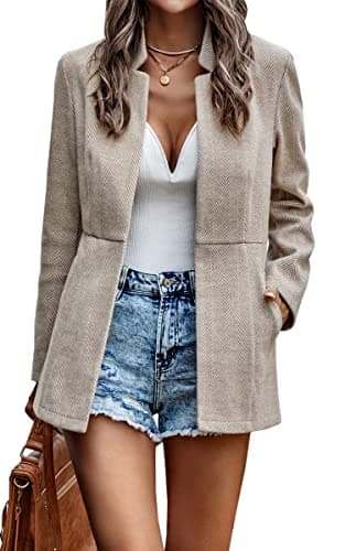 CCTOO Women's Coat Casual Open Front Blazer Long Sleeve Stand Collar Solid Trench Business Work Office Jacket Outwear Beige 1 Small - Image 1