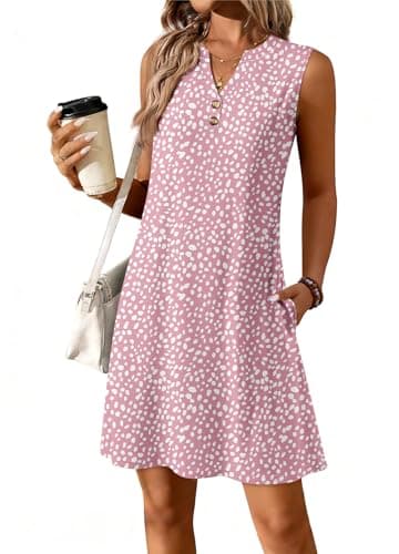 ATHMILE Summer Dresses for Women 2026 Beach Vacation Clothes V Neck Henley Button Holiday Sundresses Pockets Date Outfits - Image 1