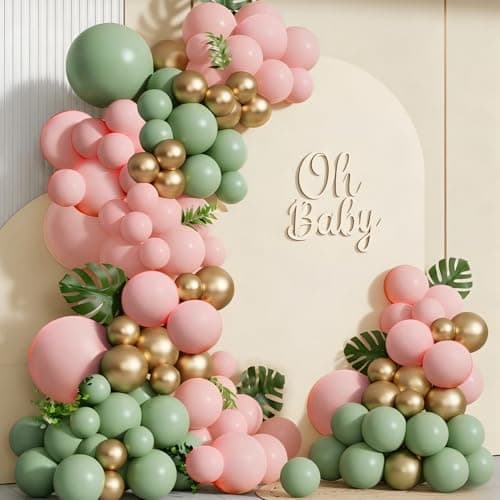 Sage Green Pink Gold Balloon Garland Arch Kit 160Pcs Olive Green Pink and Gold Latex Balloons for Bridal Shower Wedding Jungle Safari Woodland Birthday Party Decorations - Image 1